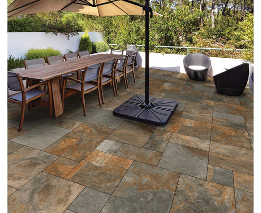Exeter Bronze porcelain patio slabs, rich bronze tone tiles for stylish outdoor spaces.