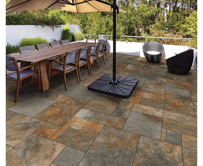 Exeter Bronze patio slabs, contemporary bronze look porcelain for outdoor spaces.