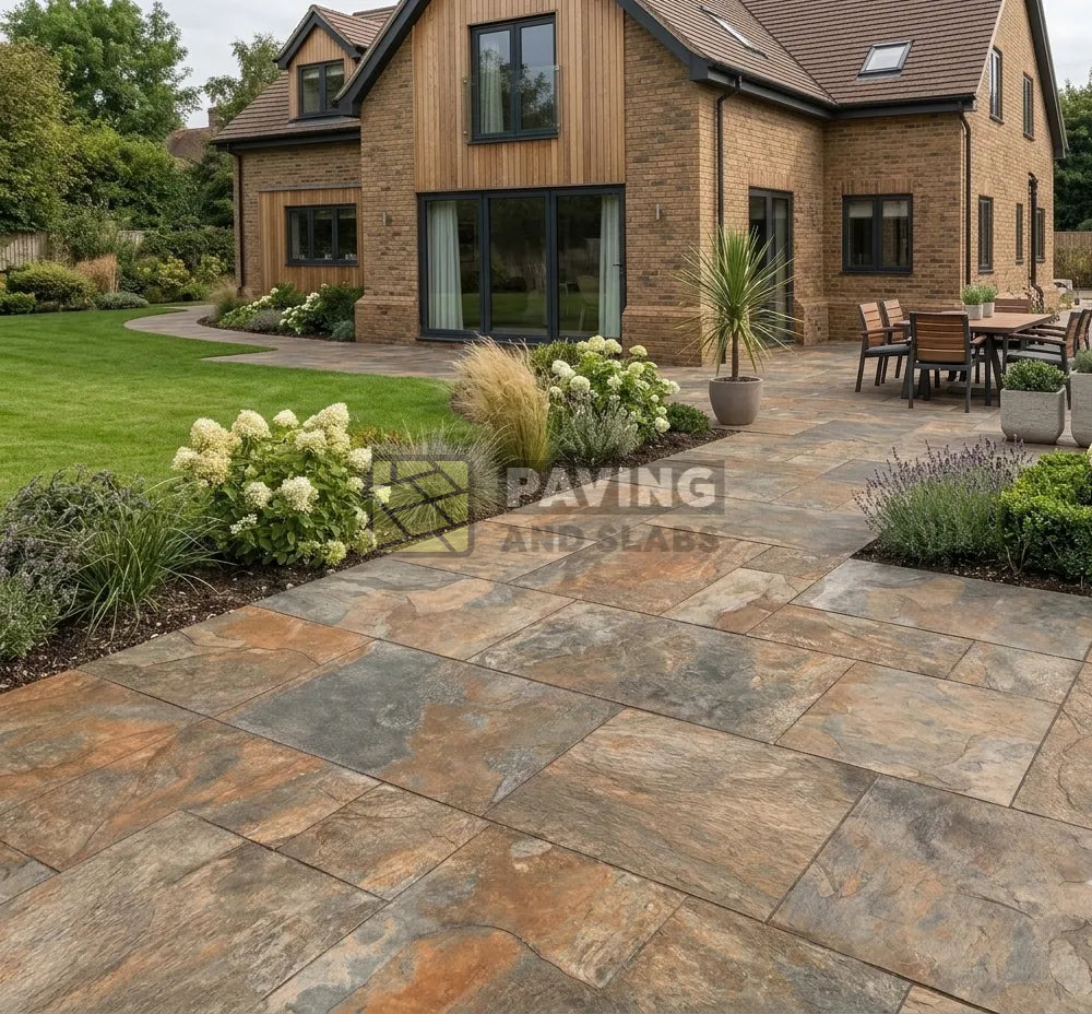 Exeter Bronze outdoor porcelain patio pack paving slabs UK for contemporary gardens