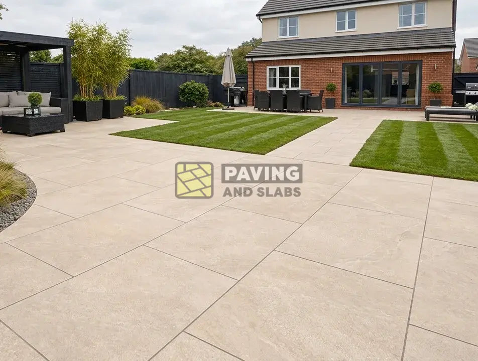 Getafe Beige outdoor porcelain paving slabs 900x600 UK for warm modern garden patios