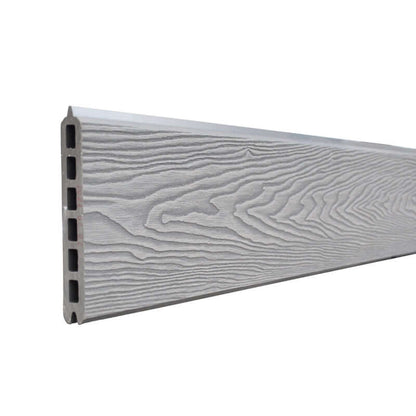 Grey composite fencing panel kit with slatted boards and posts, ideal for modern garden privacy