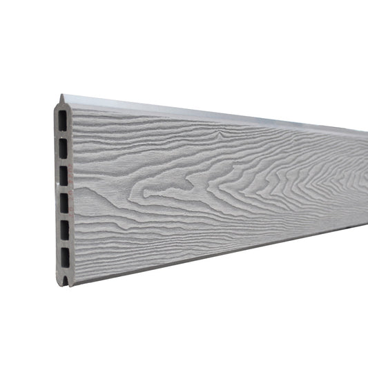 Grey composite fencing panel kit with slatted boards and posts, ideal for modern garden privacy