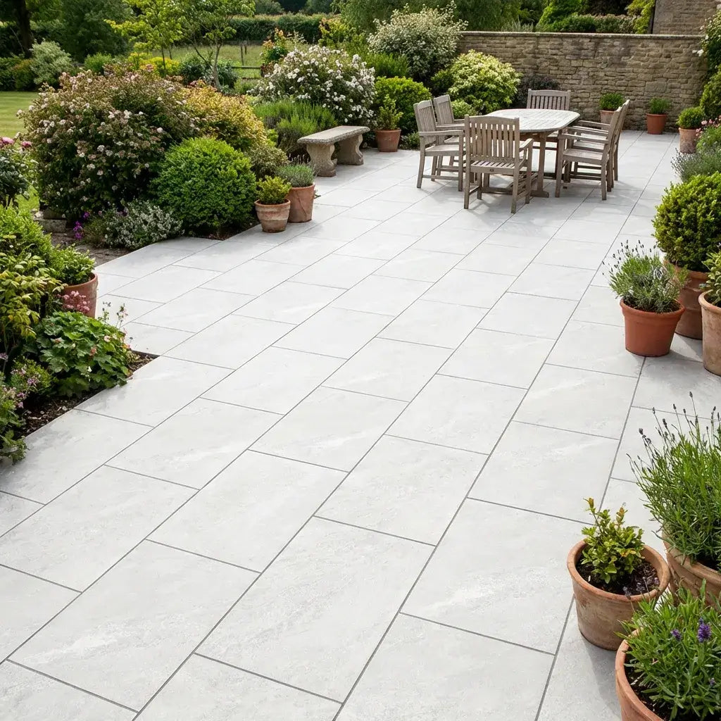 himalayan white porcelain paving 900x600 laid in a  garden in the UK