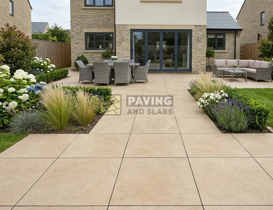 HS Beige outdoor porcelain paving slabs 900x600 UK for warm modern garden patio designs