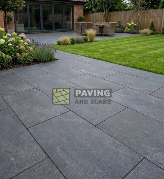 HS Nero black outdoor porcelain paving slabs 900x600 UK for modern garden patio areas