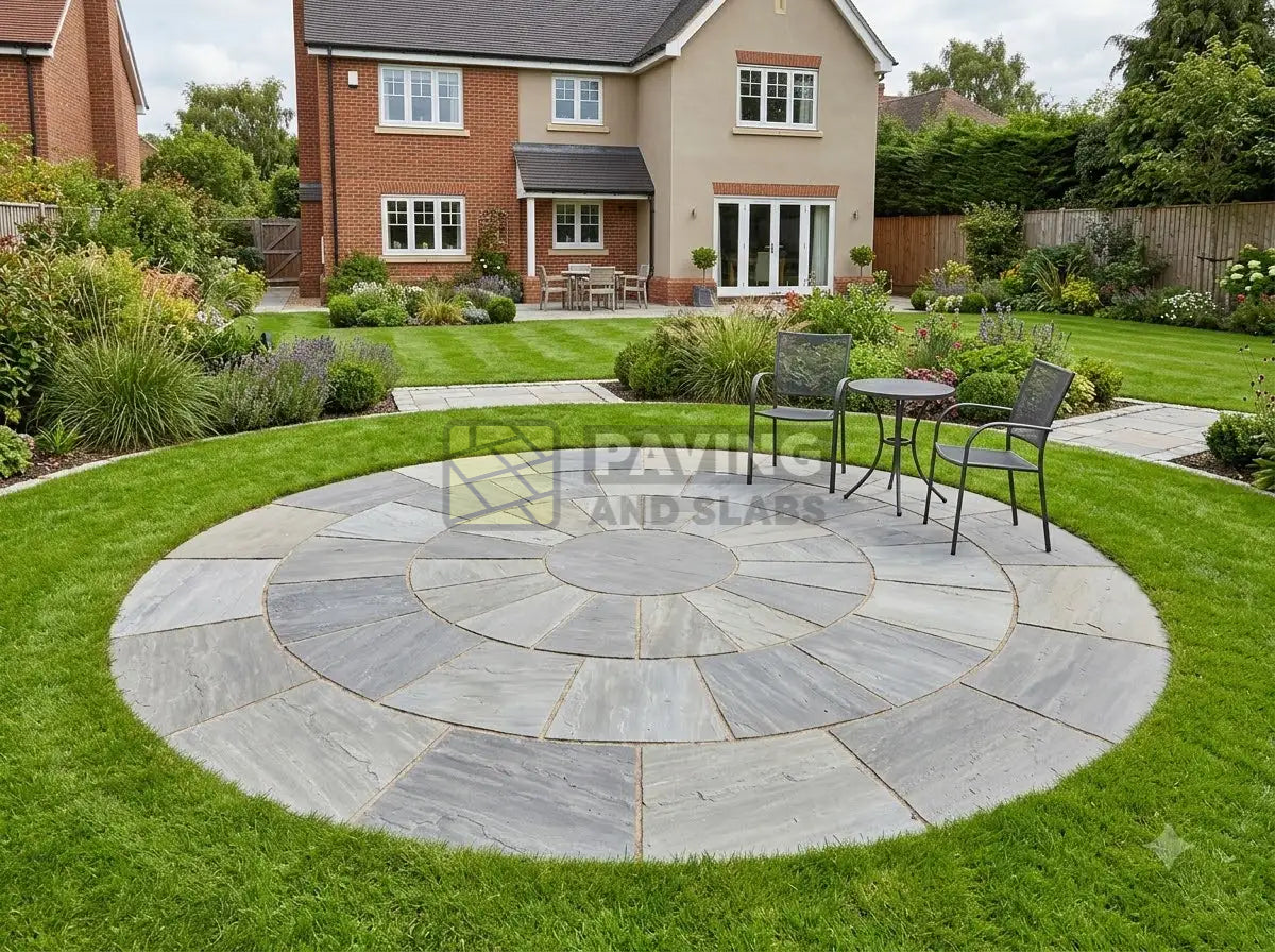 Kandla Grey Indian Sandstone 2.6m circle paving kit installed in a garden patio