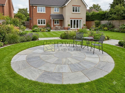 Kandla Grey Indian Sandstone 2.6m circle paving kit installed in a garden patio