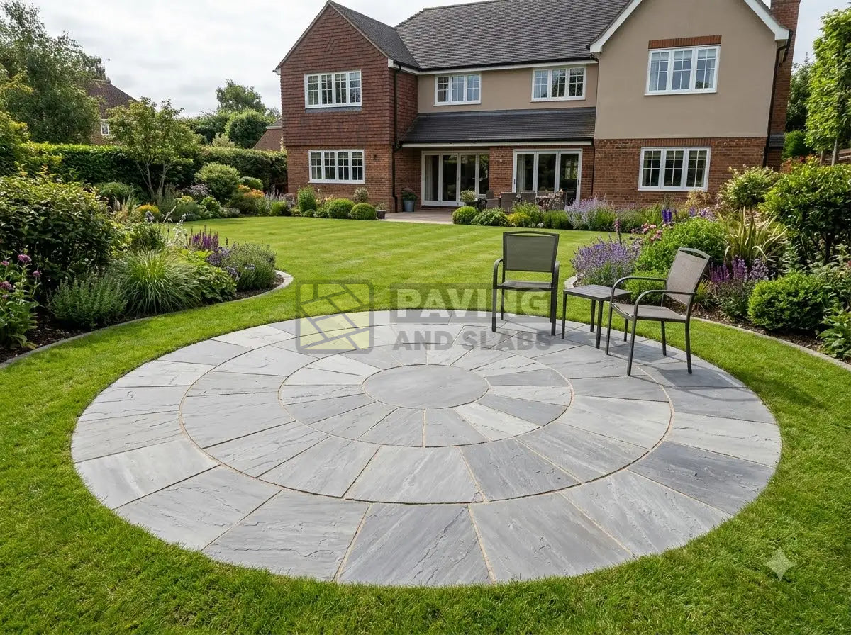 Kandla Grey sandstone circular patio kit 2.6m diameter paving feature for gardens UK
