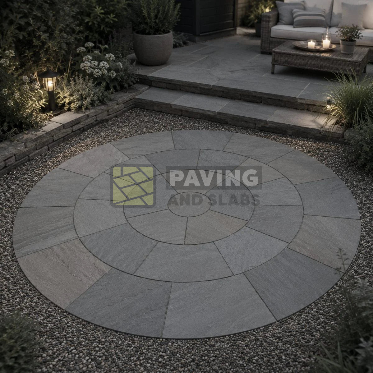 Kandla Grey sandstone circular patio paving feature set for garden design UK