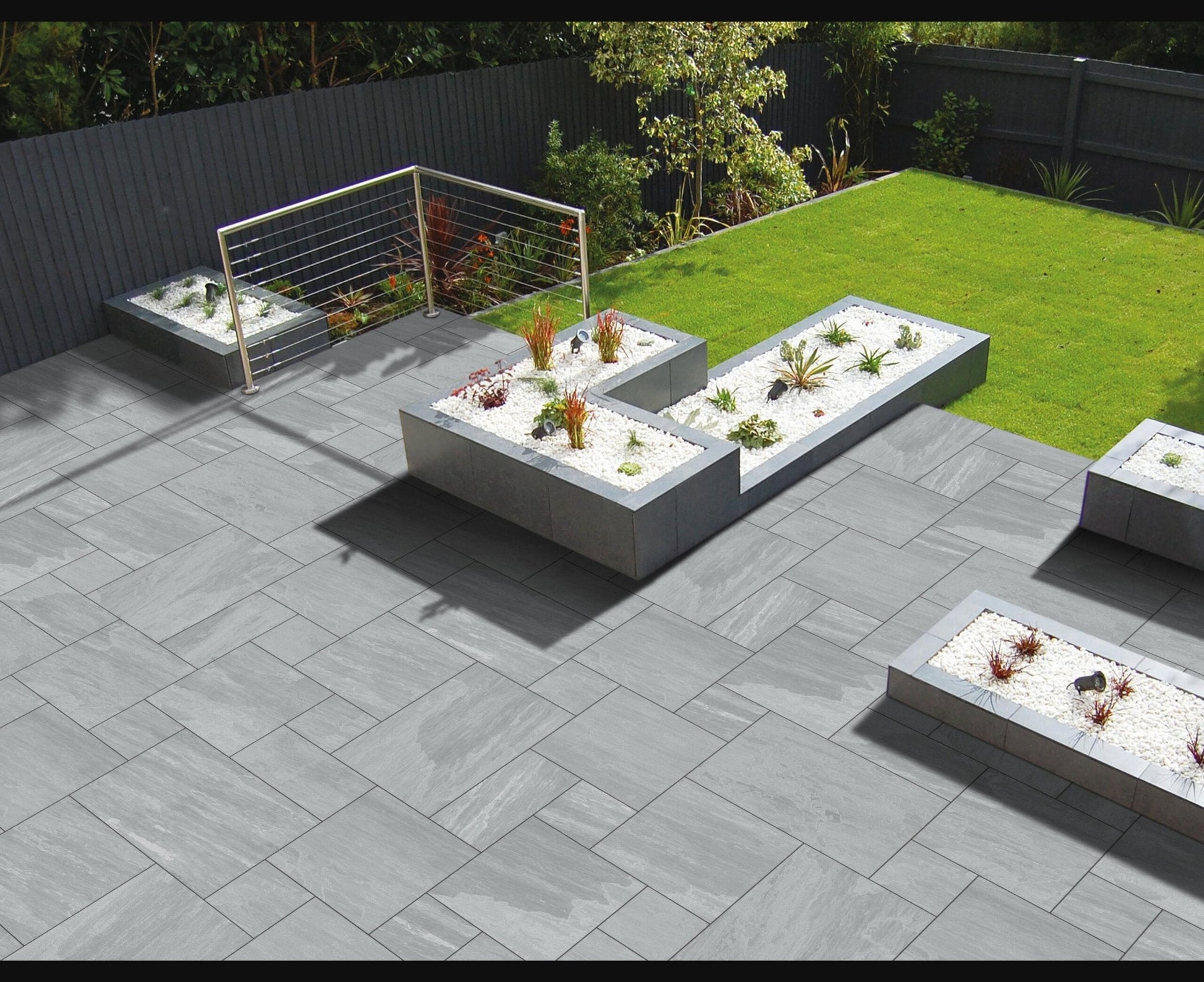 Kandla Grey porcelain patio slabs, stone-effect tiles for modern outdoor paving.