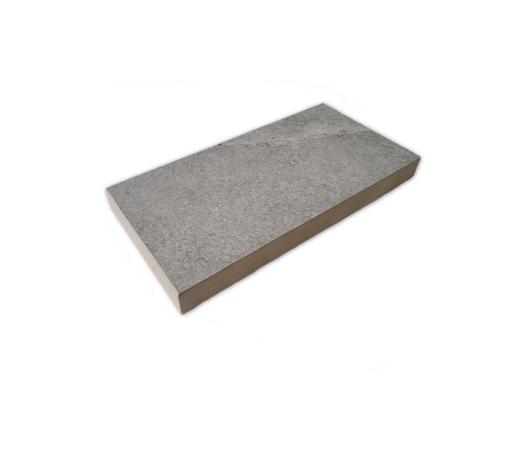 Kandla Grey paving setts, porcelain border stones with a natural sandstone look.