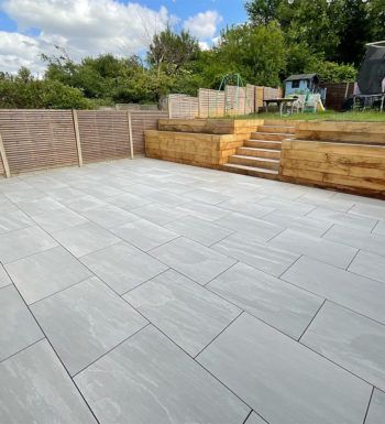 Kandla Grey porcelain paving slabs, stone effect tiles for modern patios and gardens.