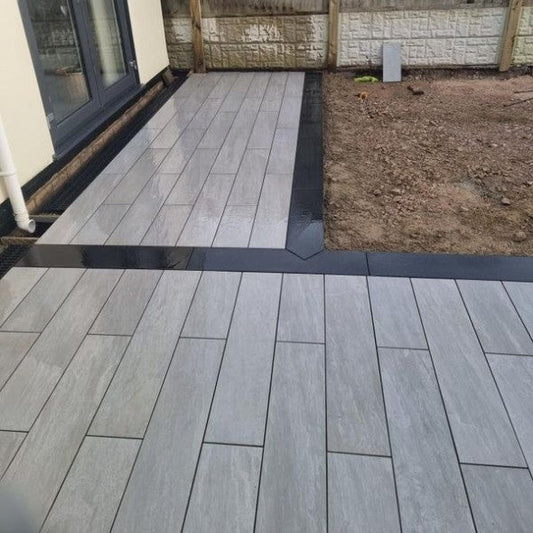 Kandla Grey porcelain border planks, stone effect edging tiles for patios and pathways.