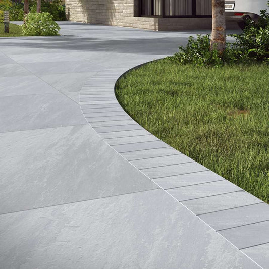 Kandla Grey porcelain edging setts, mid grey border tiles for patios and pathways.