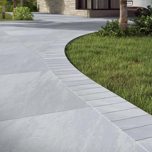 Kandla Grey porcelain edging setts, mid grey border tiles for patios and pathways.