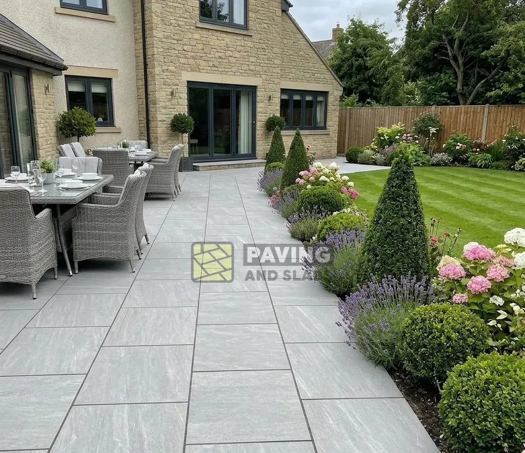 Kandla Grey porcelain paving slabs 600x600 UK for contemporary outdoor garden patios