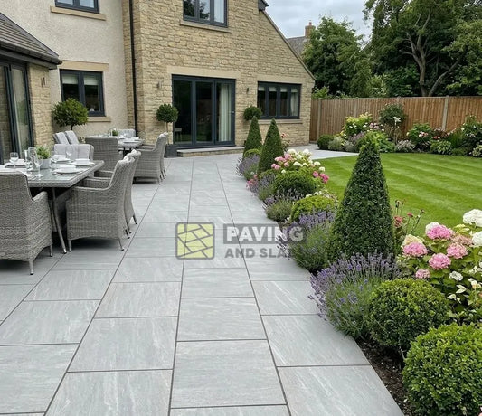 Kandla Grey porcelain paving slabs 600x600 UK for contemporary outdoor garden patios