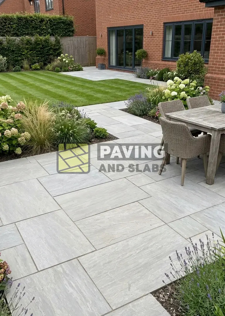 Kandla Grey porcelain paving patio pack slabs UK for modular garden patio designs