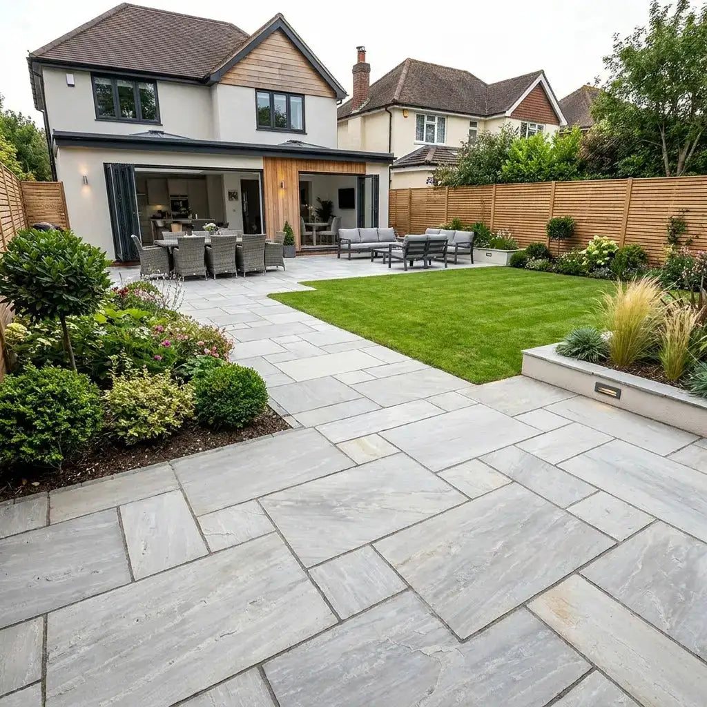 Kandla grey Indian sandstone patio pack for cheap patio slabs near me