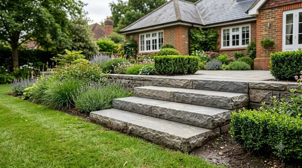Kandla Grey sandstone garden steps 100x35cm profile view