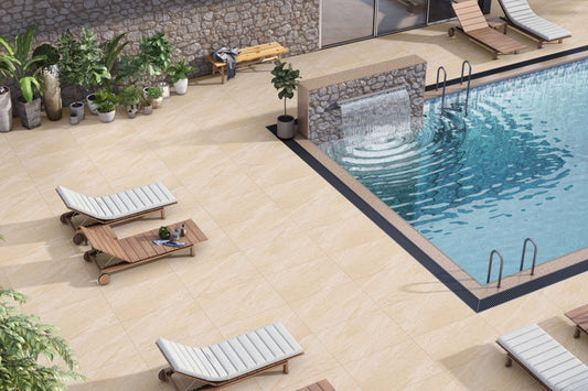 computer-generated image of lave beige porcelain paving 900x600 laid in a  garden in the UK