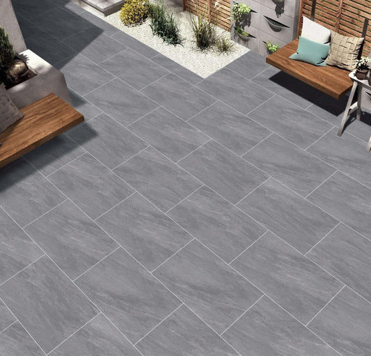 Leeds Ash porcelain paving slabs, light grey finish for contemporary patios.