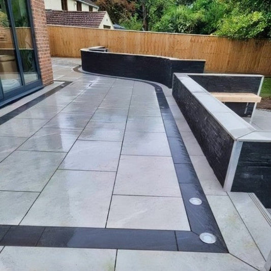 Manchester Midnight porcelain border planks, dark grey edging tiles for patios and pathways.