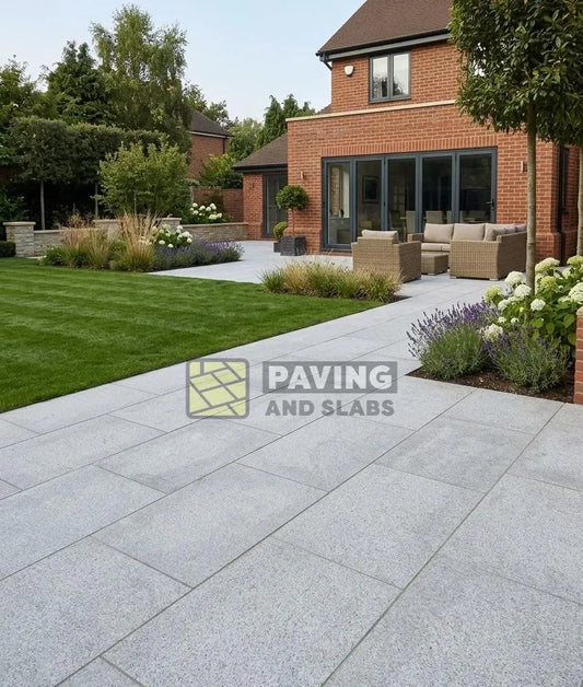 Mid grey granite effect porcelain paving slabs 900x600 UK for contemporary garden patios