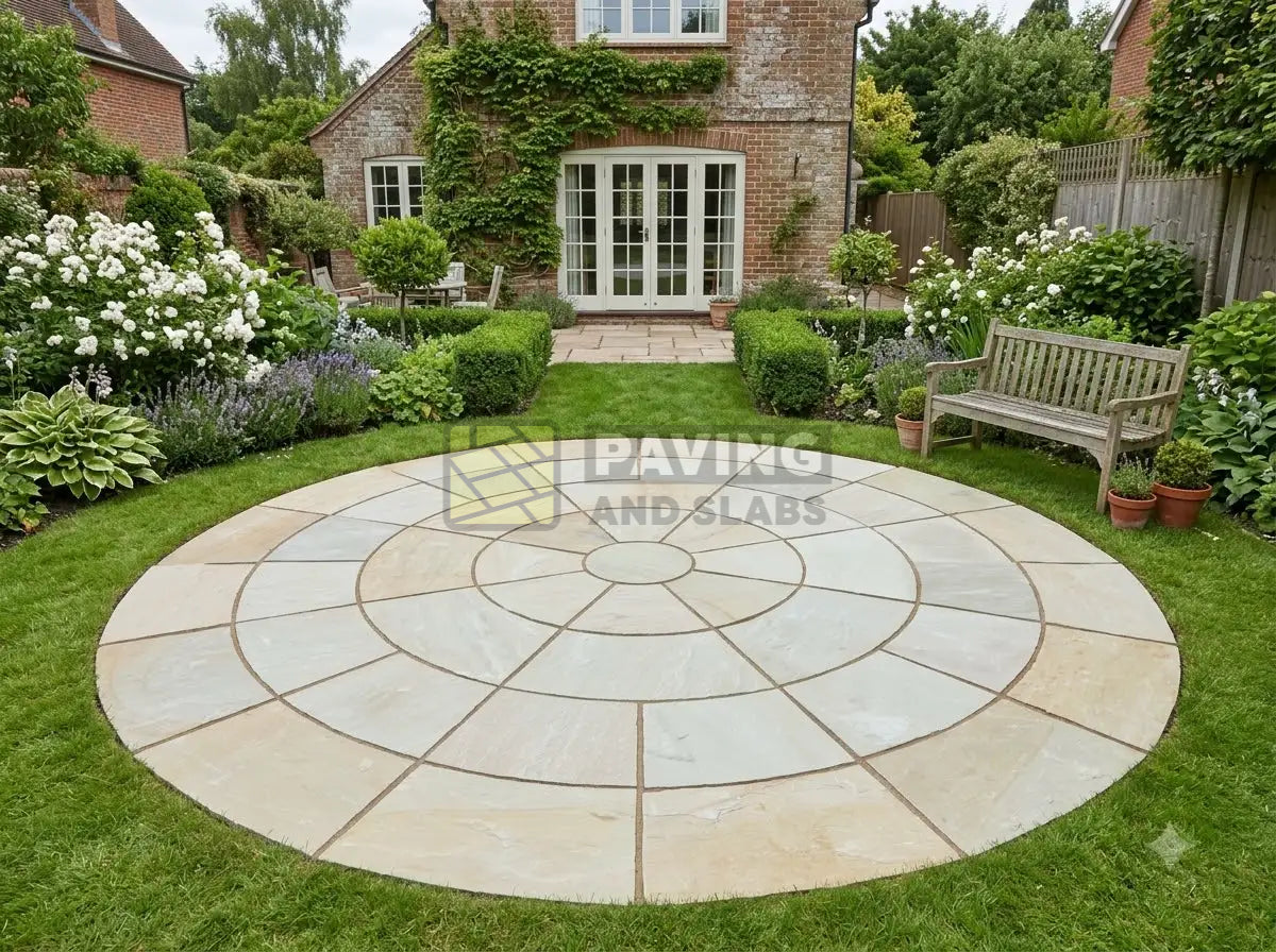 Mint Fossil Indian sandstone circle set paving feature for garden patios UK