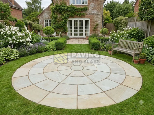Mint Fossil Indian sandstone circle set paving feature for garden patios UK
