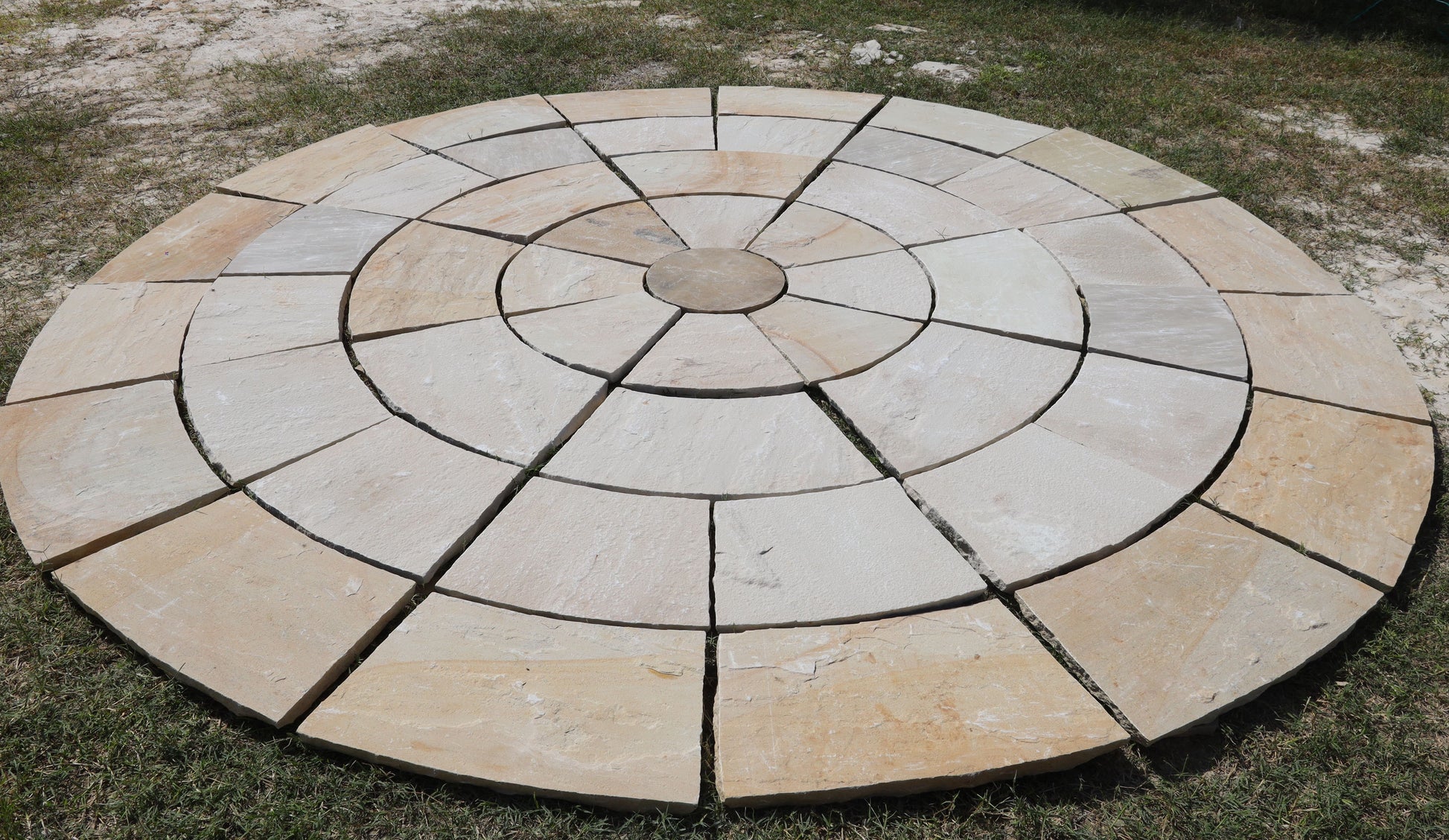 Mint Fossil sandstone circular paving stones, natural fossil patterns for patios.