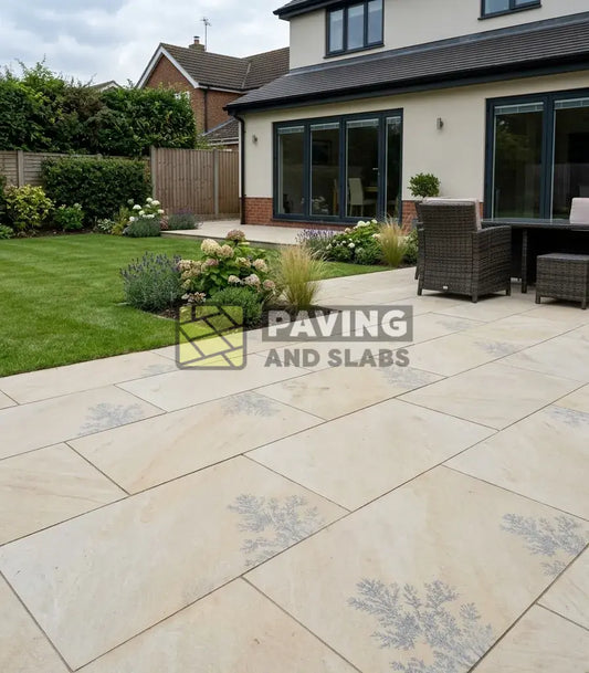 Mint Fossil effect outdoor porcelain paving slabs 900x600 UK for garden patio design