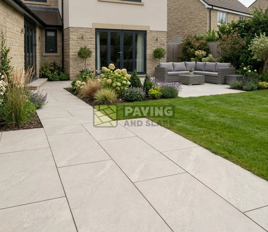 Mountain White outdoor porcelain paving slabs 900x600 UK for contemporary garden patios