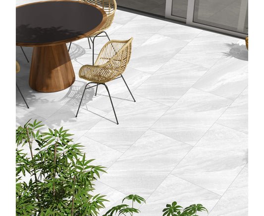 Norfolk White porcelain paving slabs – bright white finish for modern patios and gardens.