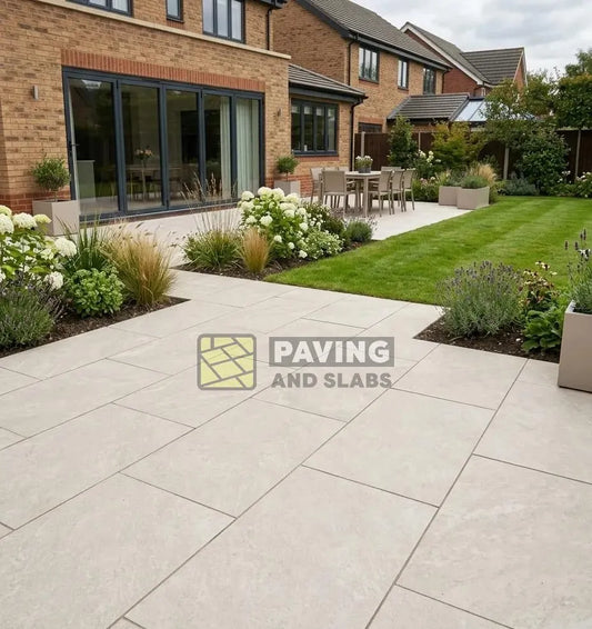Quartz White outdoor porcelain paving 900x600 slabs UK for light garden patios