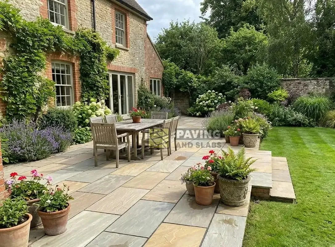 Raj Green Indian sandstone 900x600 paving slabs UK natural stone for garden patios