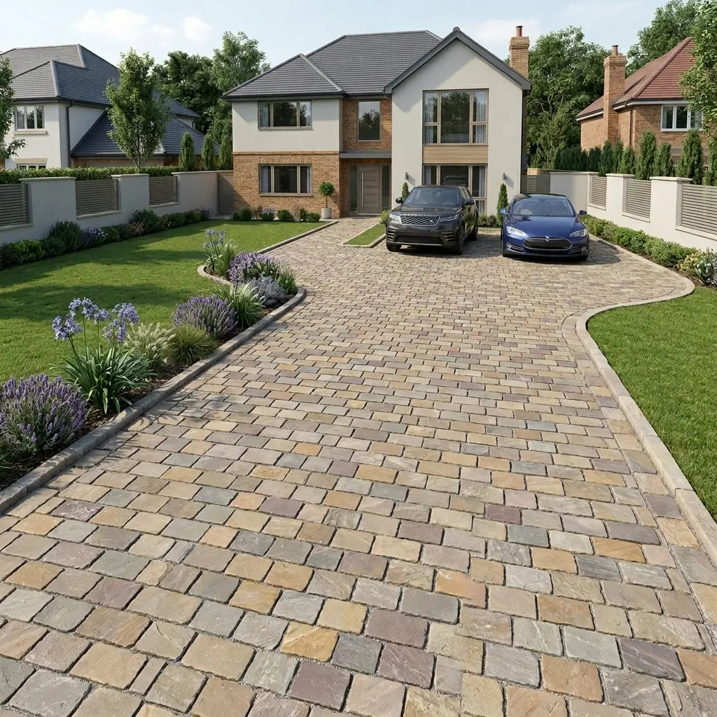 Raj Green Indian sandstone cobbles and cobblestone pavers for driveways UK