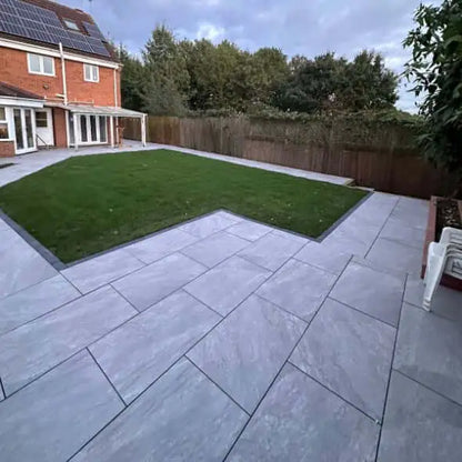 Rasa Grey porcelain paving slabs UK 900x600 for modern outdoor patios