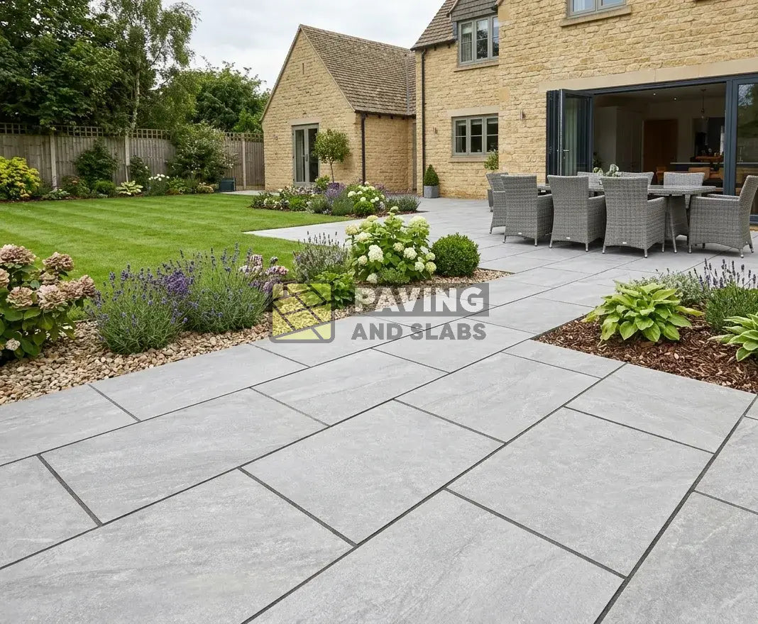 Rasa Grey outdoor porcelain paving slabs 900x600 UK for modern garden patio design