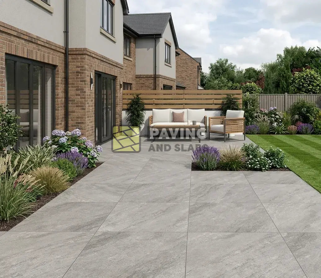 Rasa Grey outdoor porcelain paving slabs 900x600 UK for contemporary garden patios