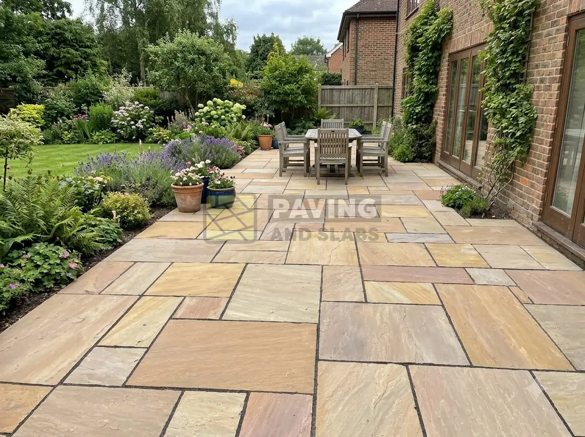 Rippon Buff Indian sandstone patio slabs UK natural stone for garden paving