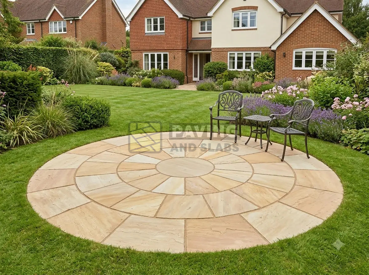 Rippon Buff Indian sandstone circle set paving feature for garden patios UK