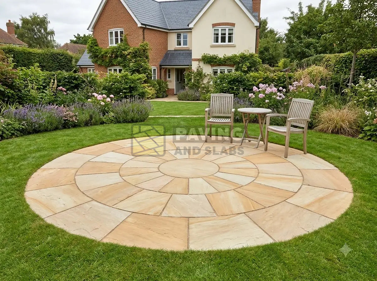 Rippon Buff sandstone circular patio kit 2.6m diameter paving feature for gardens UK