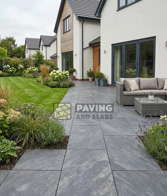 Sagar Black outdoor porcelain paving 900x600 slabs near me for garden patio design