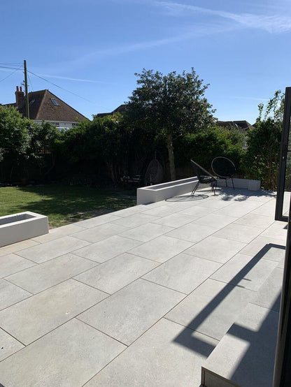 Sheffield Stone Porcelain paving slabs installed at a UK suburban home