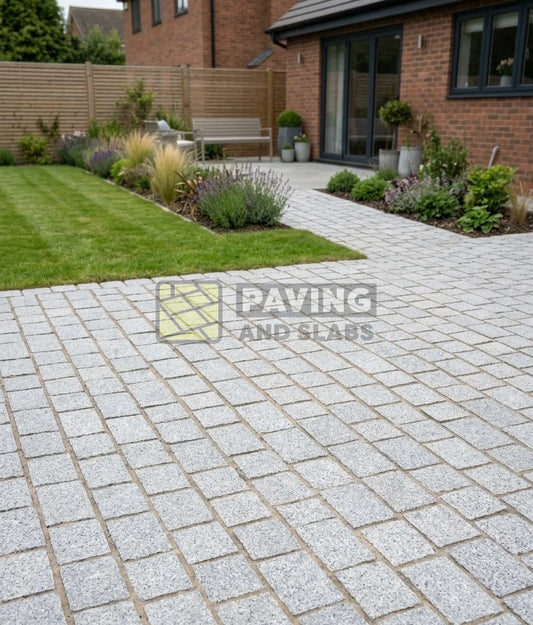 Silver grey granite cobblestones setts for driveway paving slabs UK and garden paths