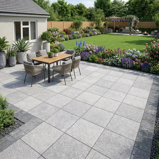 Silver granite 600x600 paving slabs and hard-wearing flagstone patio slabs UK