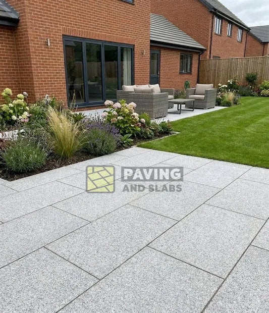 Silvery grey granite effect porcelain paving slabs 900x600 near me for outdoor patios