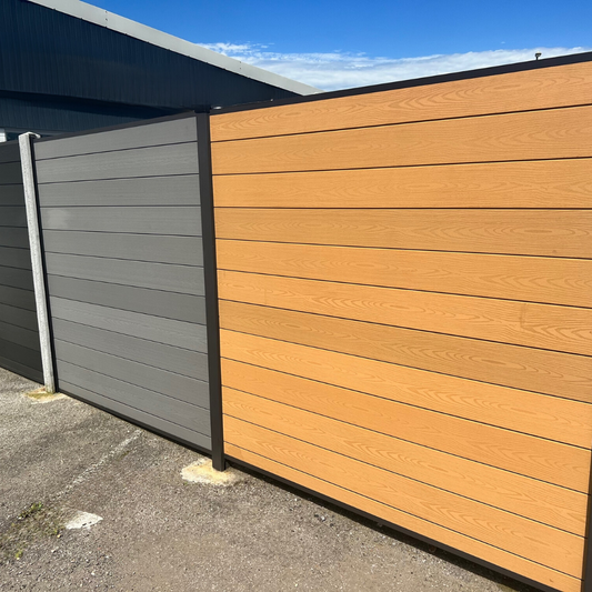 Teak composite fencing panel kit with woodgrain texture, ideal for stylish garden boundaries