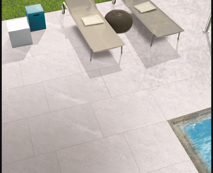 Yorkstone White paving slabs, light toned porcelain tiles for patios and gardens.